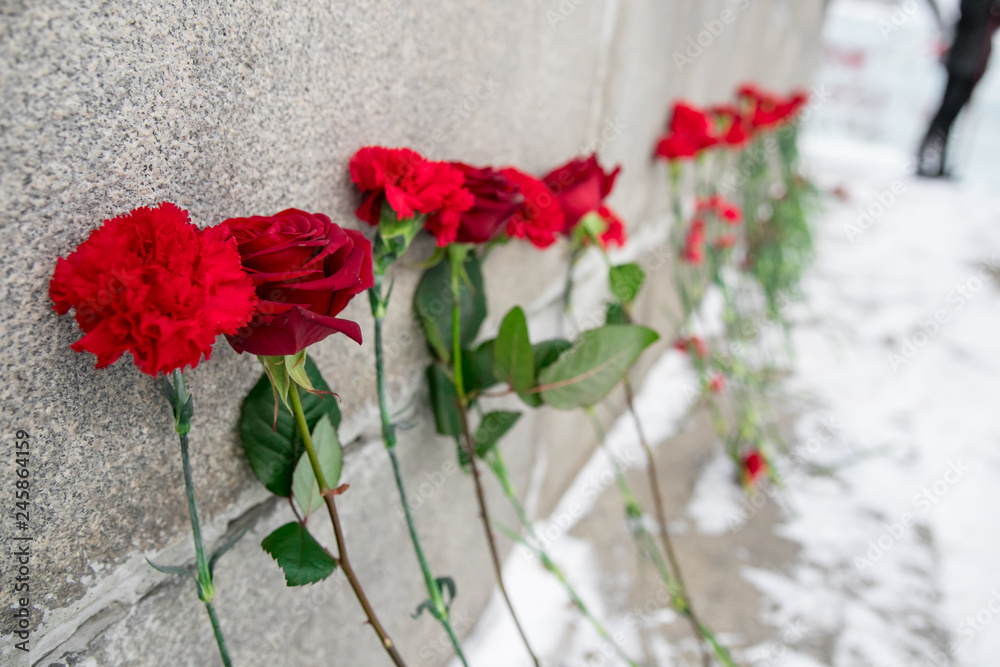 Memory of the dead. Red carnations on a gravestone Memory of the dead. Red carnations on a gravestone