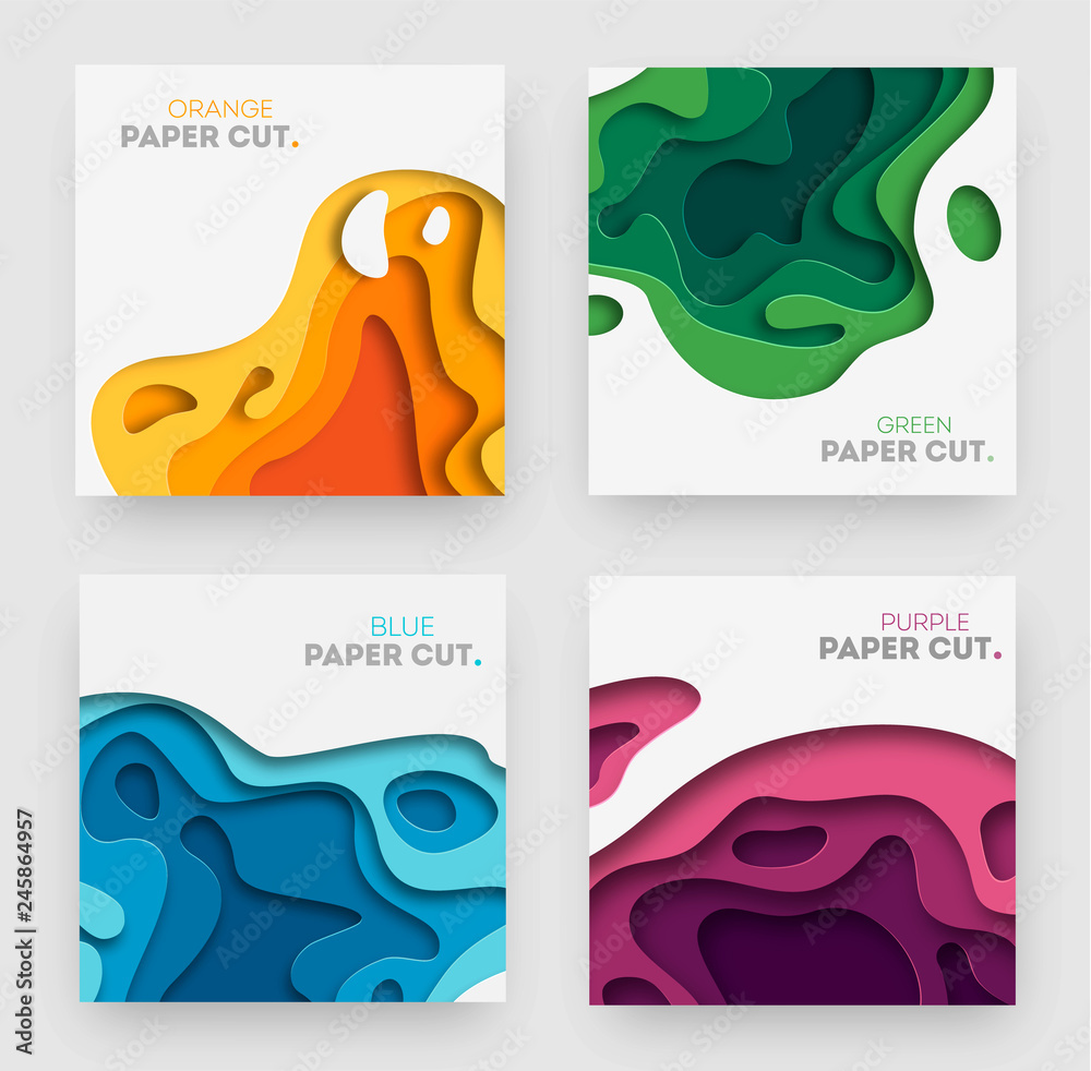 Set of square banner templates with paper cut shapes. White modern abstract design for business presentations, flyers, posters. Vector Illustration.