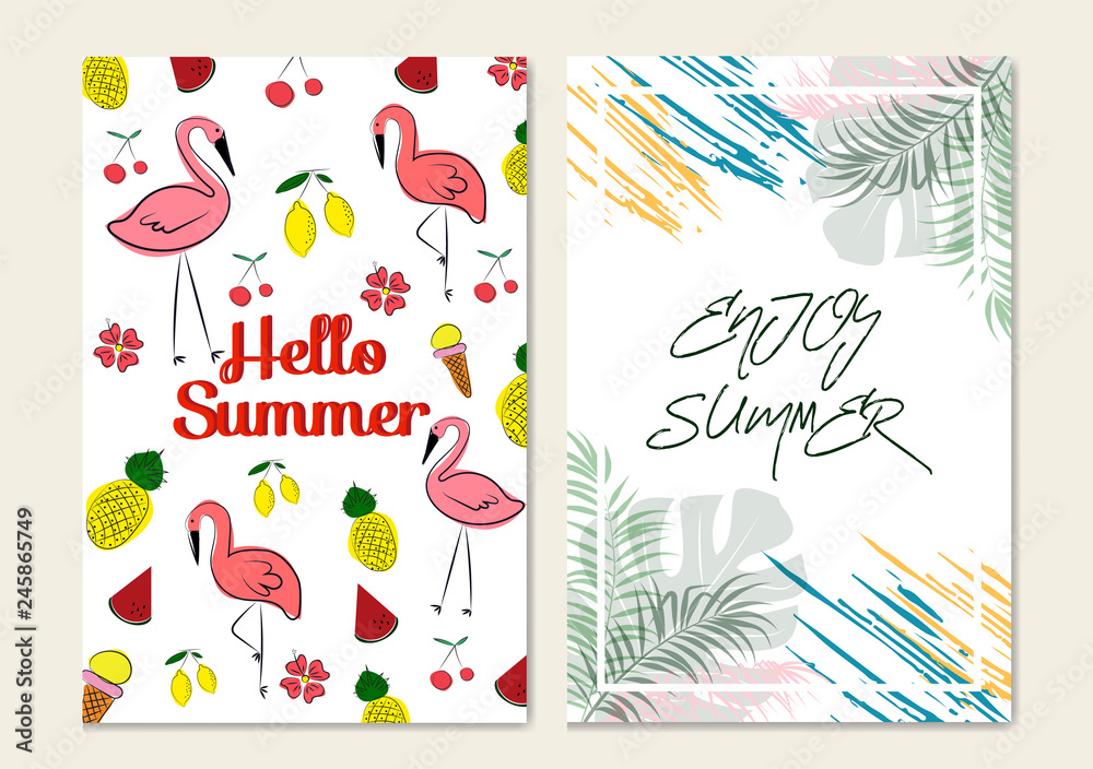 Naklejka premium Abstract Geometric Background ,Trendy geometric flat pattern,bird famingo,lemon