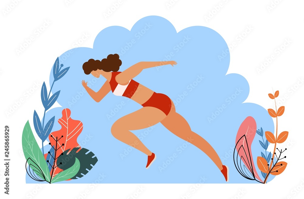 Running woman Sports girl sprinter on a background of blue sky and plants. Vector illustration of summer sport