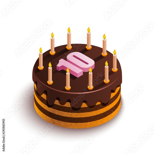 Isometric cake on a white background. Round chocolate cake with candles and a pink number 10 at the top. Festive food. Birthday holiday. Vector stock illustration.