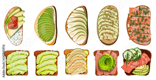 Set of toasts with salmon meat, avocado, cucumber, tomato, parsley on a white background isolated food item snack lunch sandwiches with fruit vegetables and seafood vector stock illustration