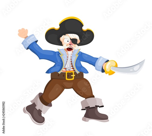 Angry pirate on a white background. Vector illustration of a terrible pirate attacking with a saber. Medieval sea villain in a cocked hat, costume, boots, without an eye, attacks. Stock vector