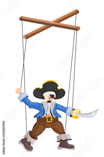 Doll puppet pirate with a saber on a white background. Element of children's puppet theater. Child's toy, theatrical doll. Vector illustration