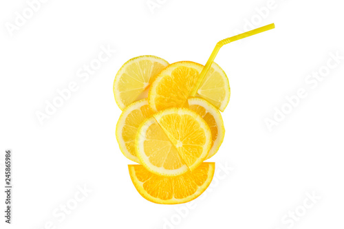 glass of citrus juice made of orange and lemon slices with cocktail straw isolated on white background.
