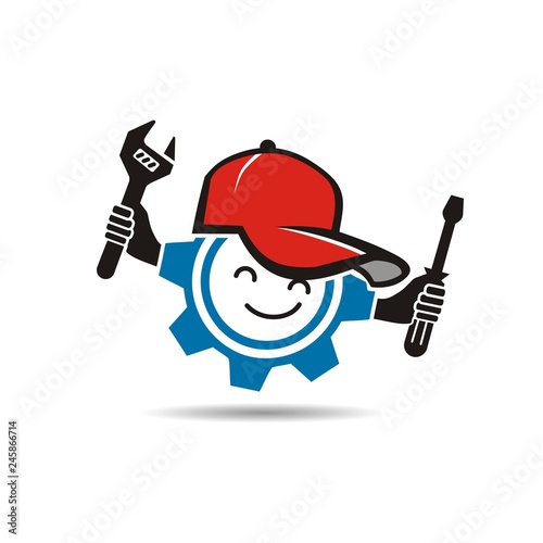 Tool and Repair Logo / isolated smiling gear wearing red hat holding wrench and screwdriver