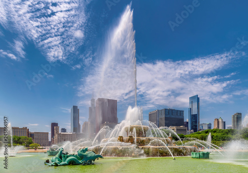 Chicago skyline and Buckingham fountain at summer sunny day, Chicago, Illinois, USA. 