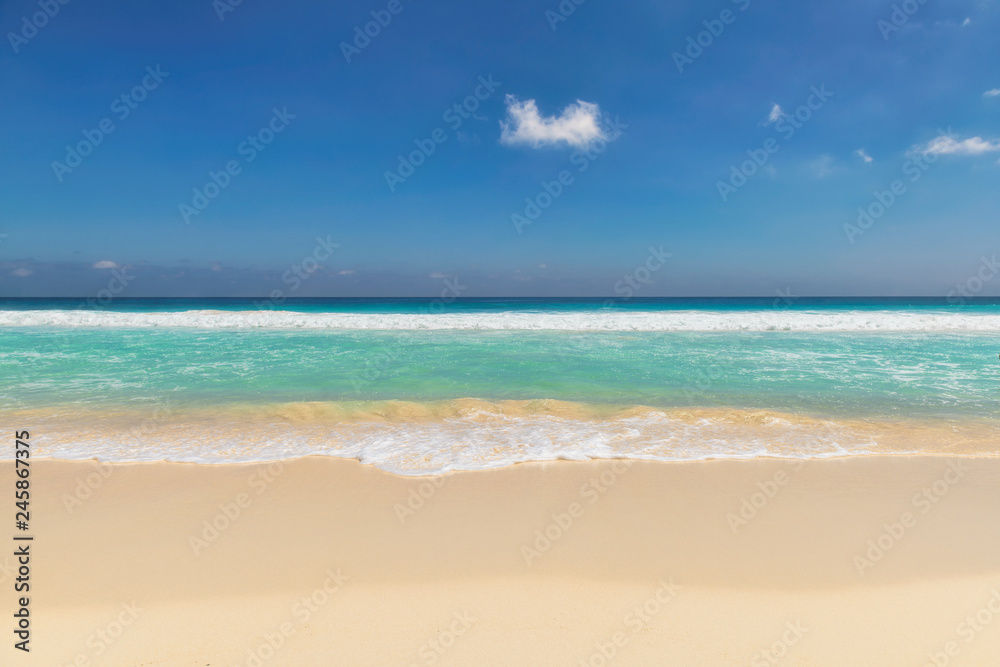 Caribbean sandy beach with turquoise sea. Tropical beach background.