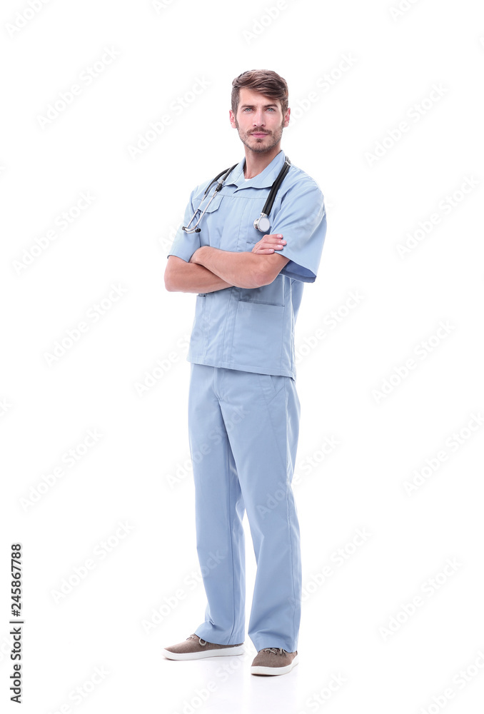 in full growth.portrait of a surgeon with stethoscope. in full growth.portrait of a surgeon with stethoscope.