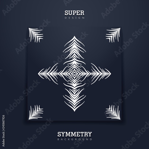 Square creative card with tribal stylized print. Abstract symmetry composition from different wavy lines.
 Black paper sheet. Vector template