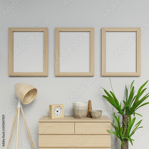 3d illustration render of scandinavian house interior three a2 size poster ready to use mock up with wooden frame hanging vertical on the gray wall in living area in front view photo