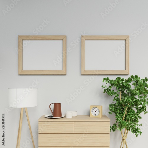 realistic illustration of nordic apartment interior with two a2 size empty poster mock up with light wood frame hanging horizontally on the clean grey wall in family area in front view