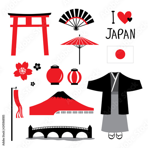 Japan Flat Icons Design Travel Set Red and Black Collection Vector