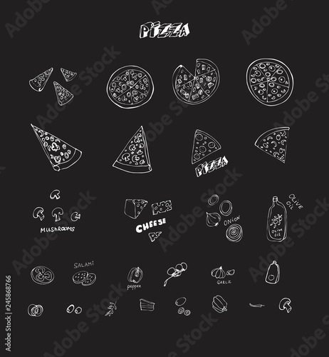 Chalkboard Doodle drawing. Pizza and vegetables. Cooking ingridients.