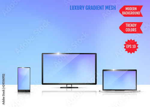 Modern abstract background. Colors transition concept. Gradient mesh. Trendy colored Surface. An example of the use of the proposed background on the screen of a laptop, smartphone and TV