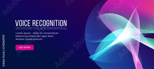 Voice recognition landing page. Personal assistant, abstract gradient waves isolated on dark blue background.
