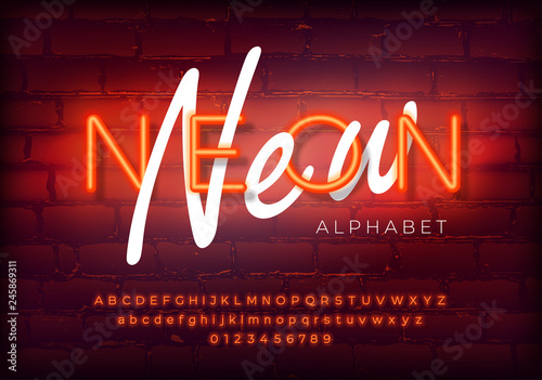 Red neon set glowing alphabet with numbers. Isolated luminescent font on brick wall background. Vector illustration