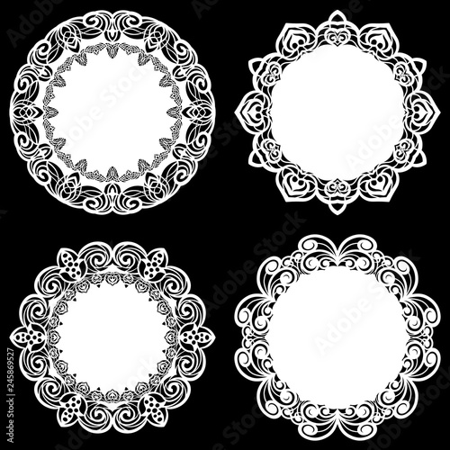 Set of design elements, lace round paper doily, doily to decorate the cake, template for cutting, snowflake, greeting element, metal plate cut by laser, vector illustrations