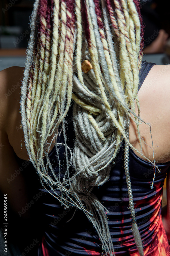 Light colored dreadlocks on the hair. Hair accessories. Dreadlocks braided in pigtails. Pierced
