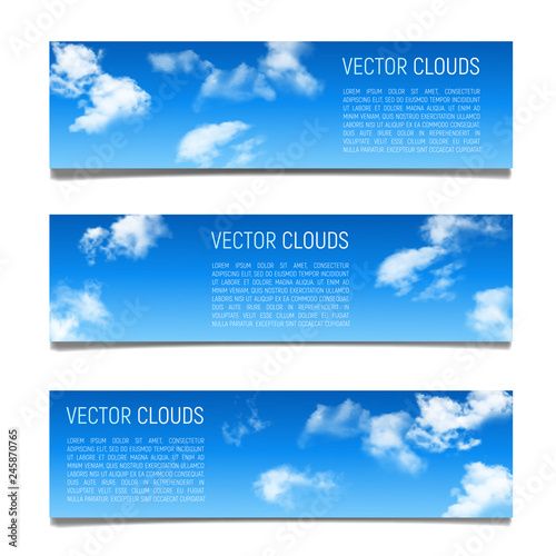 Set of vector banners with blue sky and realistic clouds.