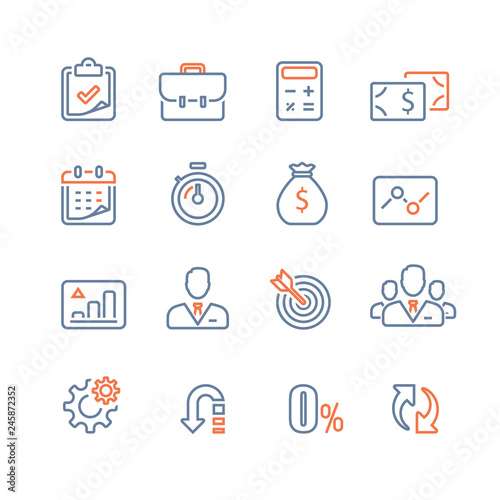Finance icon set, business loan, company revenue report, analytics infographic, market growth, annual payment, corporate expense