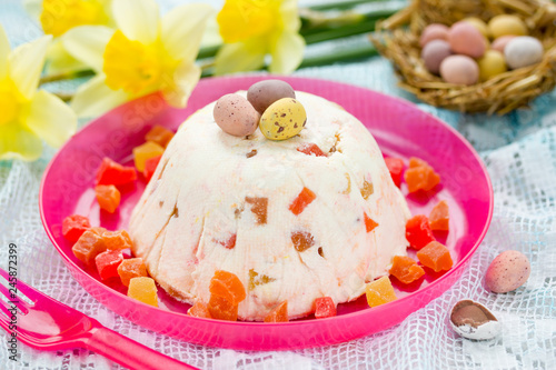 Traditional Easter molded dessert paska made from cottage cheese and candied fruit