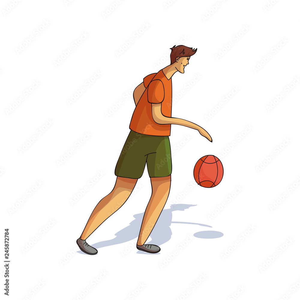 Young tall man playing basketball. Athletic guy character. Active lifestyle. Sports theme. Cartoon vector design
