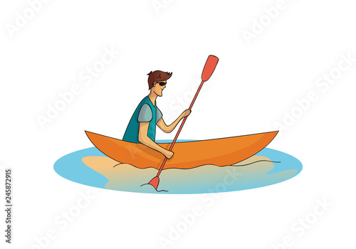 Man in boat rowing. Active lifestyle. Water sport. Male character in sunglasses. Cartoon vector design