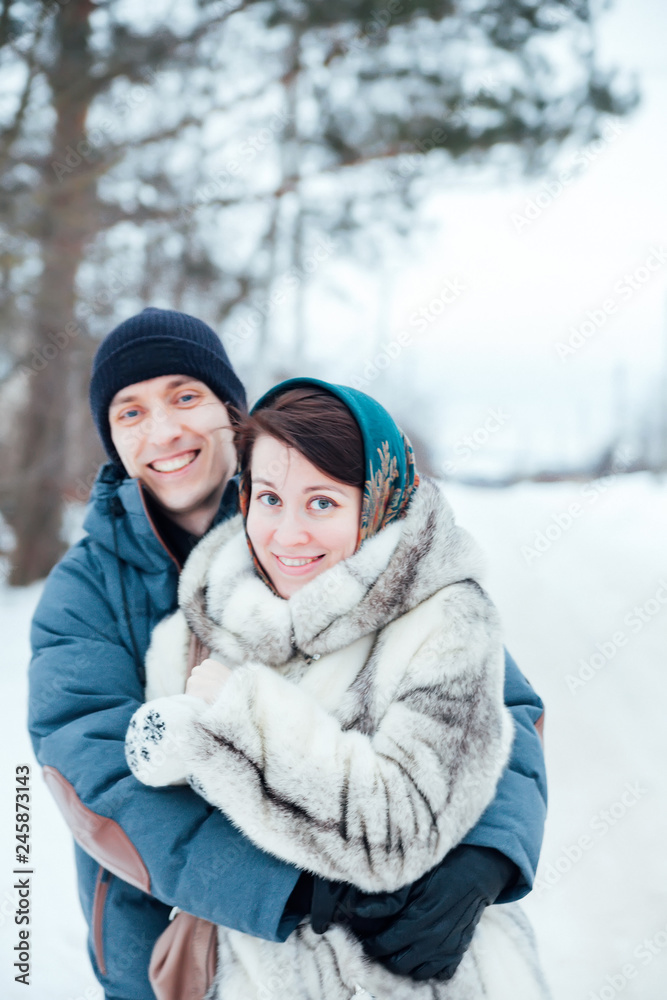 loving couple on   street in winter