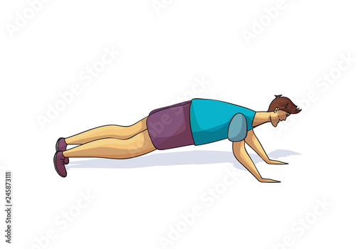 Sporty man doing push ups, side view. Young guy in sportswear. Active workout. Cartoon vector design