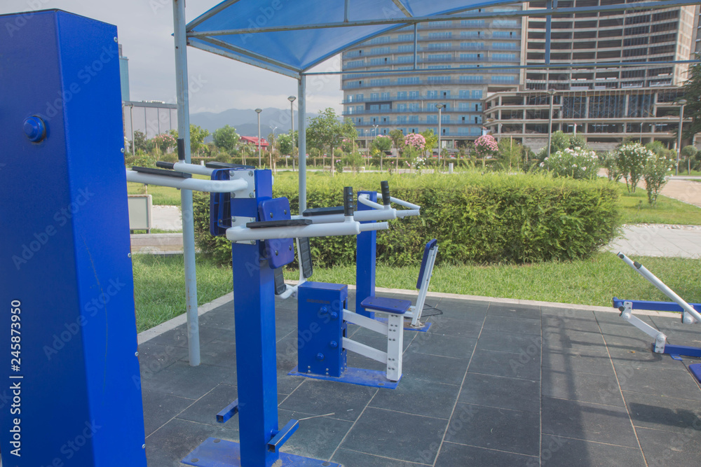 Public sport and exercise equipment. Clean air and green spaces