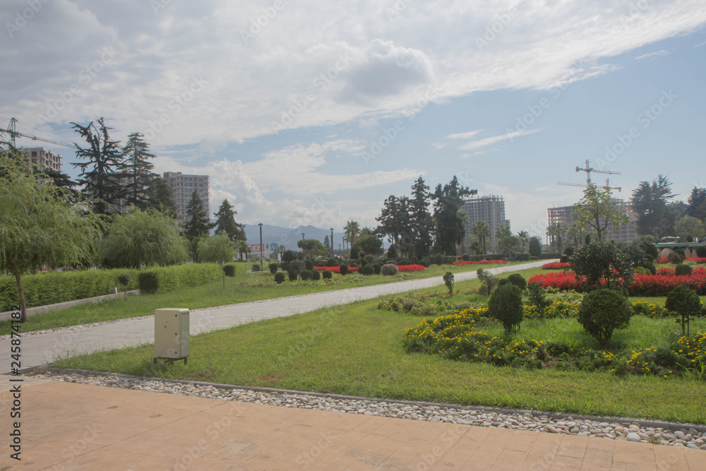Park and in the city Batumi center on a sunny spring day