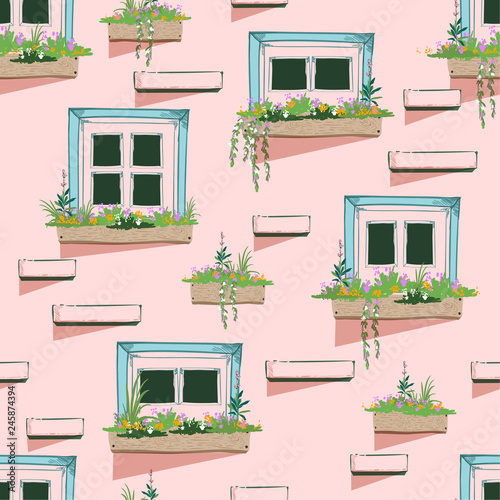 Sweet and pastel vacation mood  Seamless pattern background of wall with windows in the summer vibes,Vector illustration,design for fashion, fabrc,and all prints