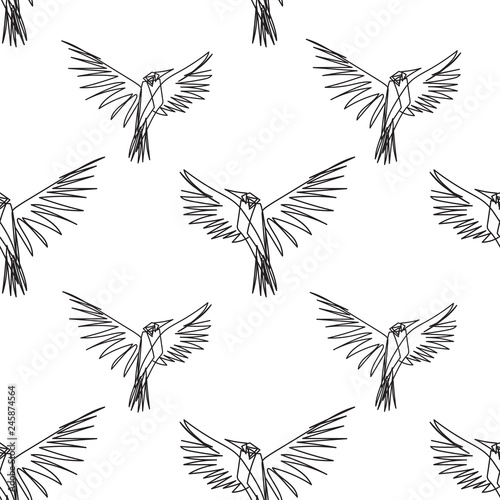Crow bird in continuous line style seamless pattern.
