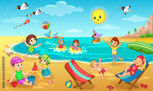 Fototapeta Naklejka Na Ścianę i Meble -  Kids playing on Beach vector illustration