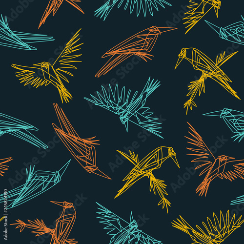 Birds in continuous line style seamless pattern.