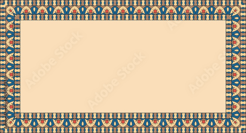 Rectangular ethnic frame. Empty space for your text. Vintage poster. Colorful elements on an peach background.