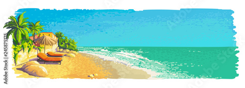Quiet private sunny tropical beach landscape with palm trees, sunbeds, umbrella. Vector painting illustration.