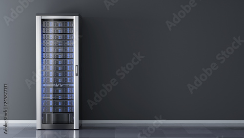 One Server rack against the wall in server room data center.3d rendering photo