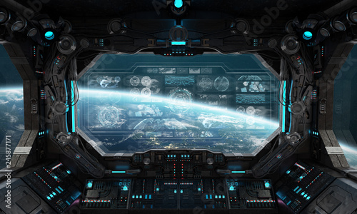Fototapeta Naklejka Na Ścianę i Meble -  Dark spaceship interior with control panel digital screens 3D rendering