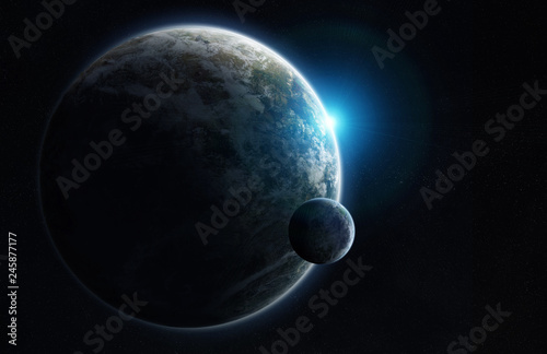 Distant planet system in space with exoplanets 3D rendering elements of this image furnished by NASA photo