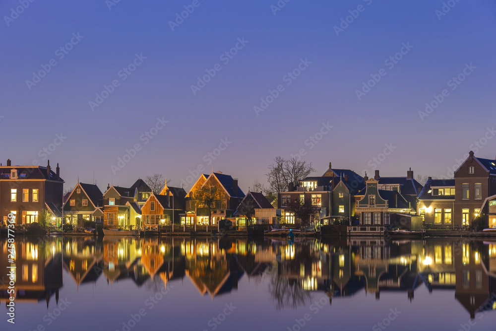 Amsterdam Netherlands, Night skyline of Dutch traditional house at Zaanse Schans Village