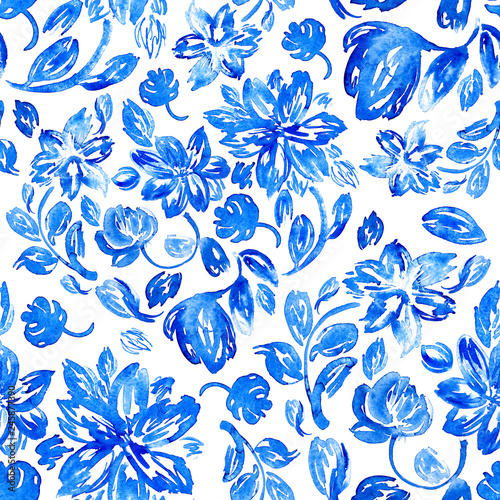Hand drawn watercolor background with blue leaves and flowers. Seamless floral pattern. © aksenova_tatiana
