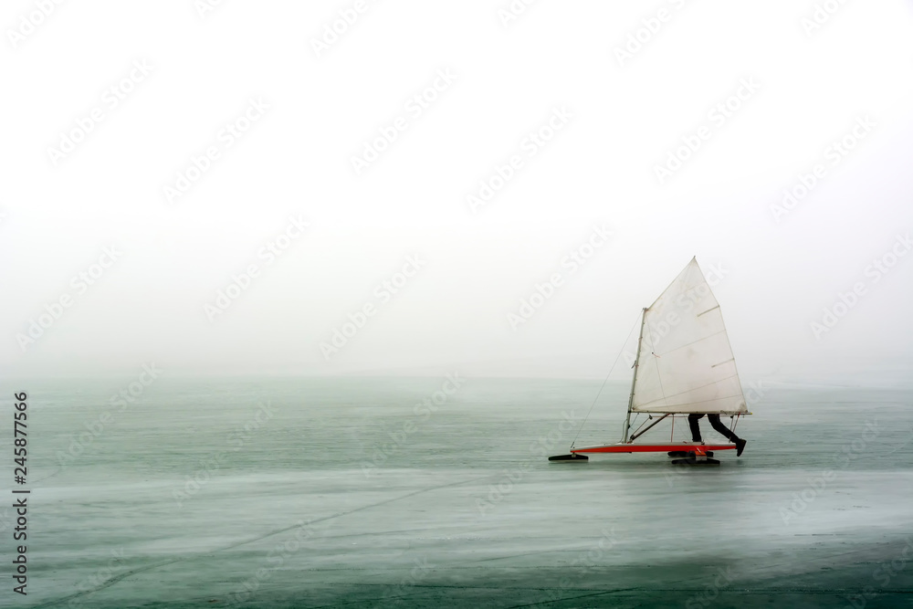 Ice sailing on frozen Lake Balaton, Hungary