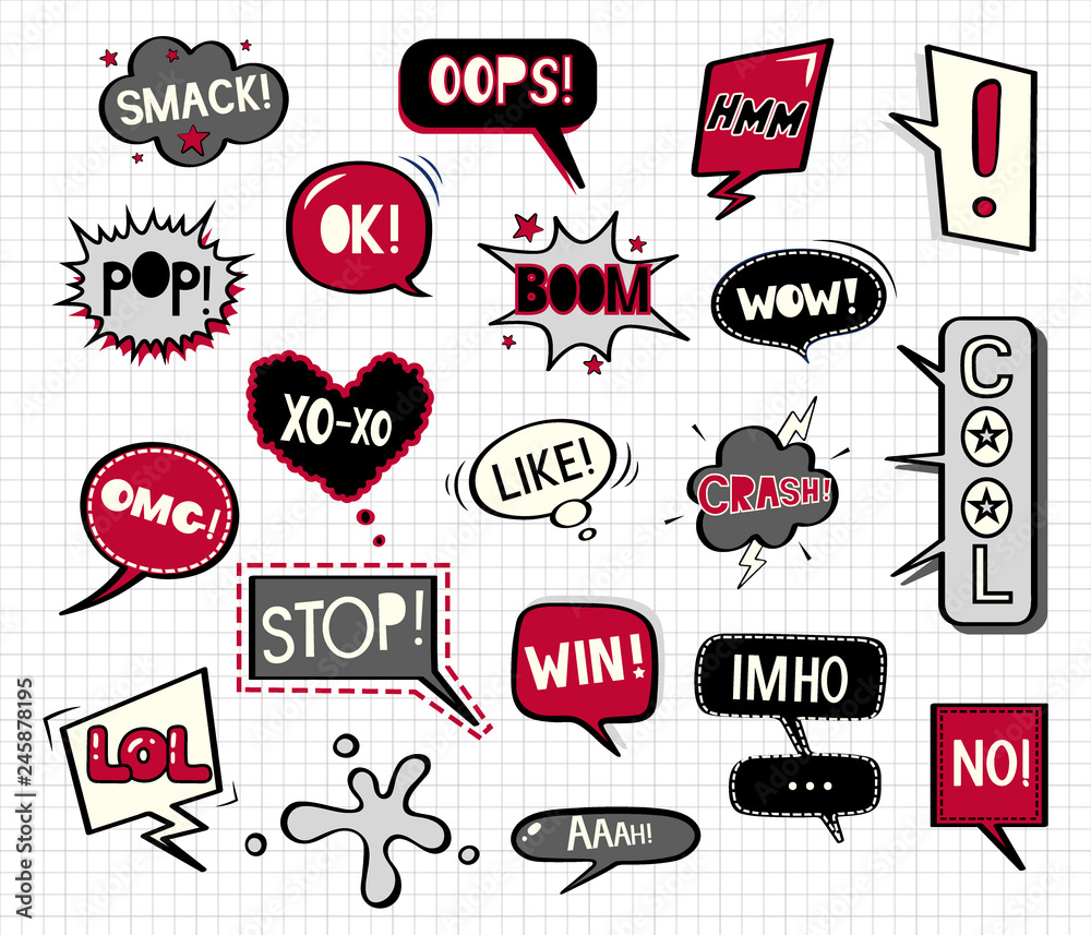 Red and black speech bubbles doodle set. Vector illustration in comic style