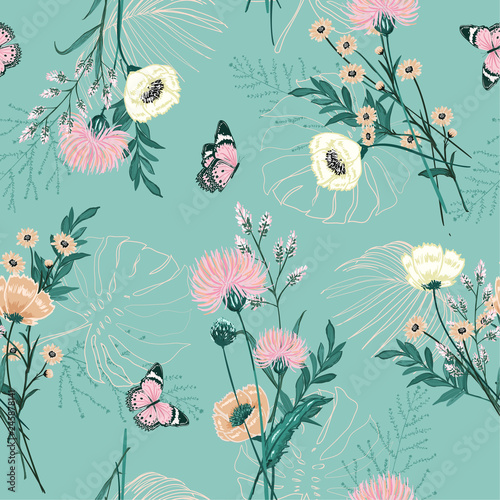 Trendy Pastel of  many kind of garden flower, plants ,botanical ,butterfly,seamless pattern vector design for fashion,fabric,wallpaper and all prints