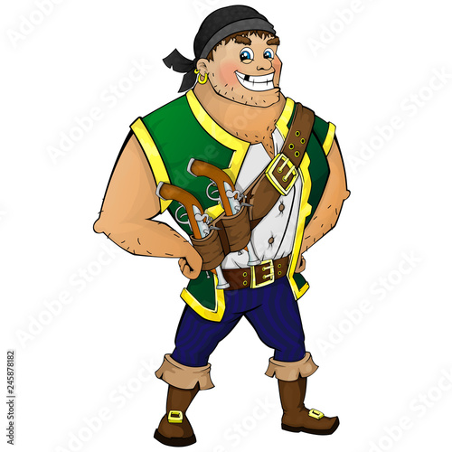 Cute pirate with a guns. Isolated vector illustration on a white background.