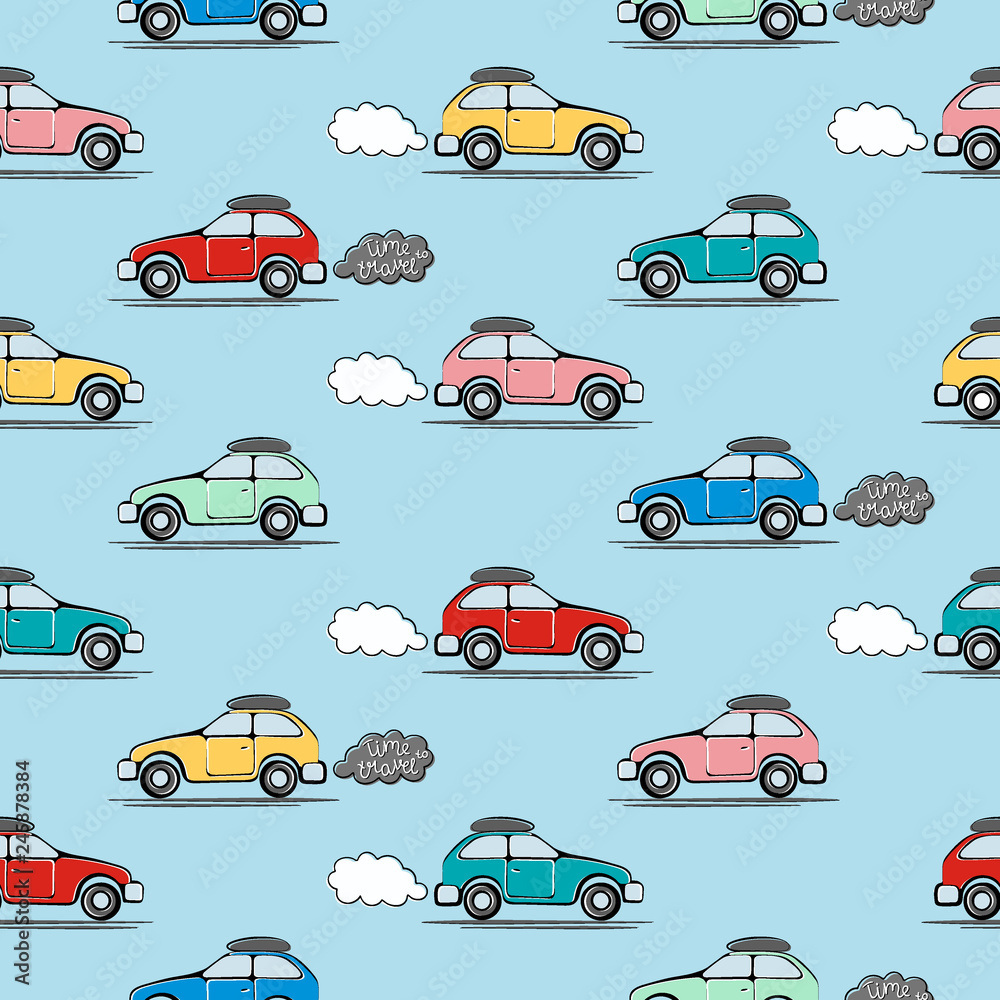 Seamless pattern with hand drawn colorful car.  Perfect for kids fabric, textile, nursery wallpaper 