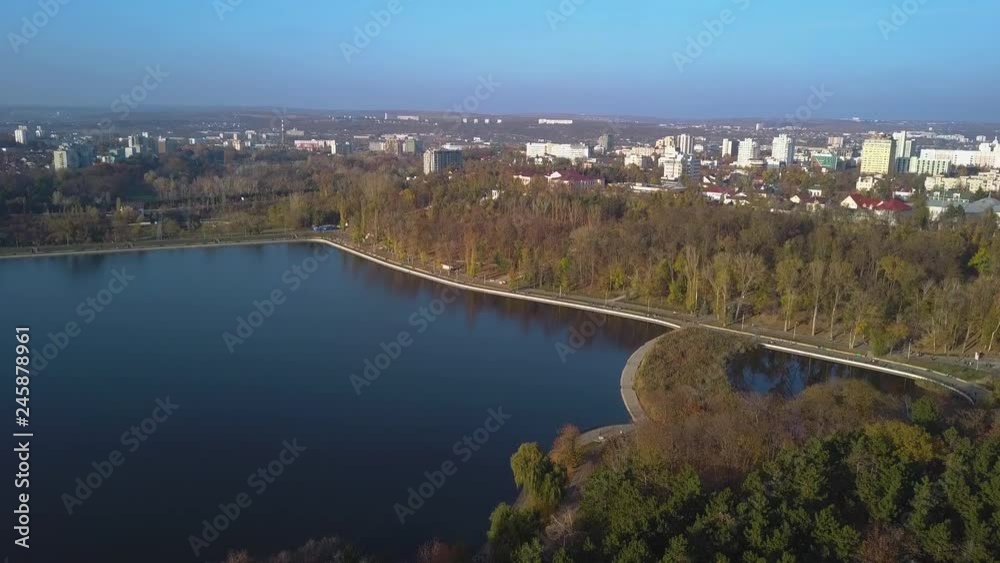 aerial view of beautiful park with lake, aerial view of park in in Kishinev. Flight back over the beautiful park with lakes. aerial view of beautiful park with lake, aerial view of park in in Kishinev. Flight back over the beautiful park with lakes.