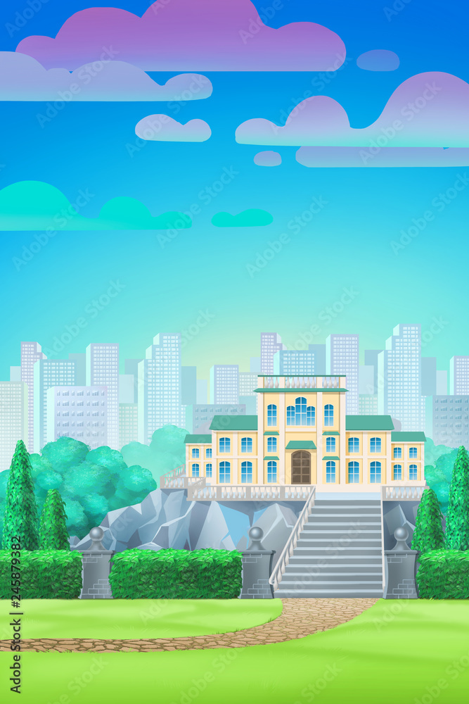 park with a palace, cartoon background